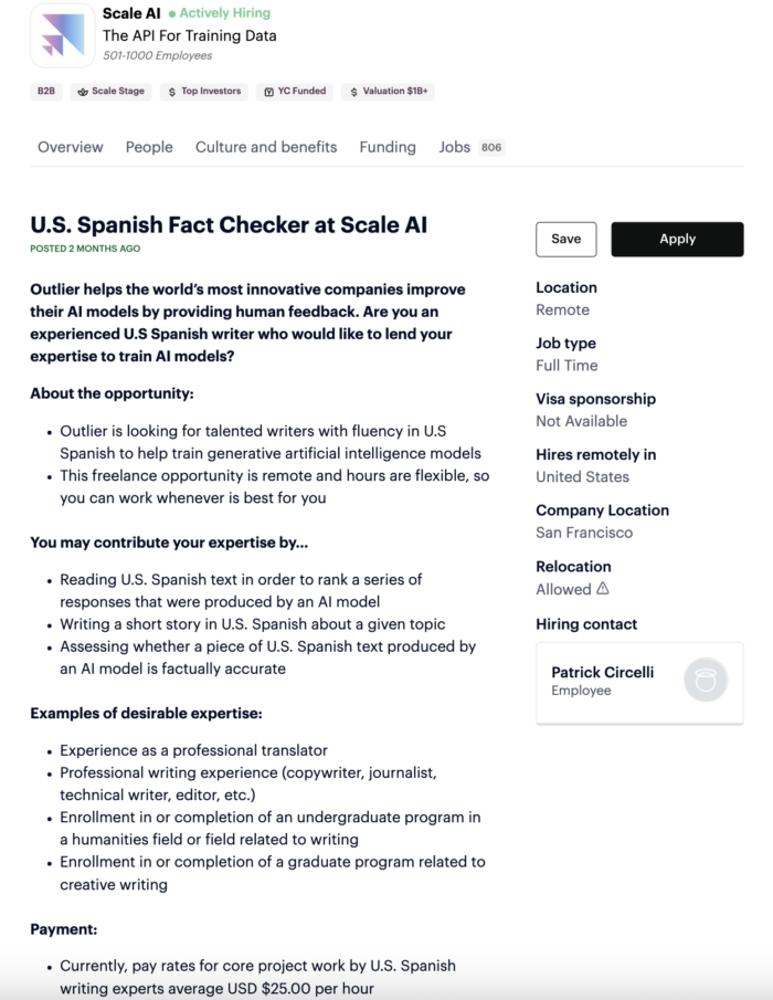 U.S. Spanish fact checker job listing for Scale AI