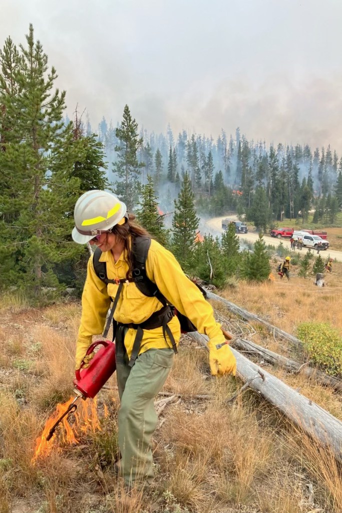 A woman does a contained burn on a wildland area surrounded by trees.