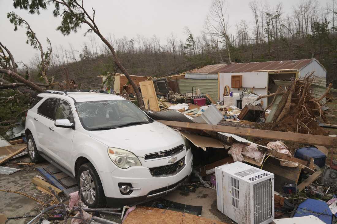 Destruction from a severe storm is seen Saturday, March 15, 2025, in Wayne County, Mo. (AP Photo/Jeff Roberson)