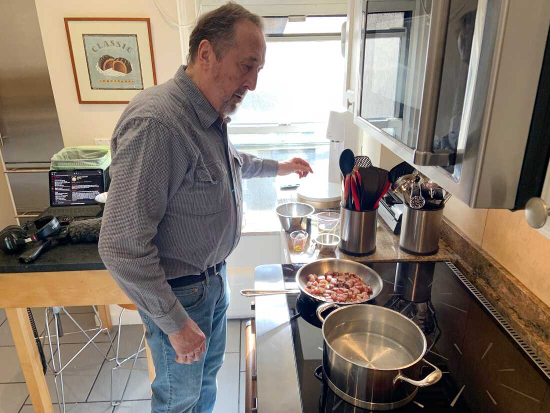 Max Van Gilder cooks spaghetti carbonara on his Copper stove.