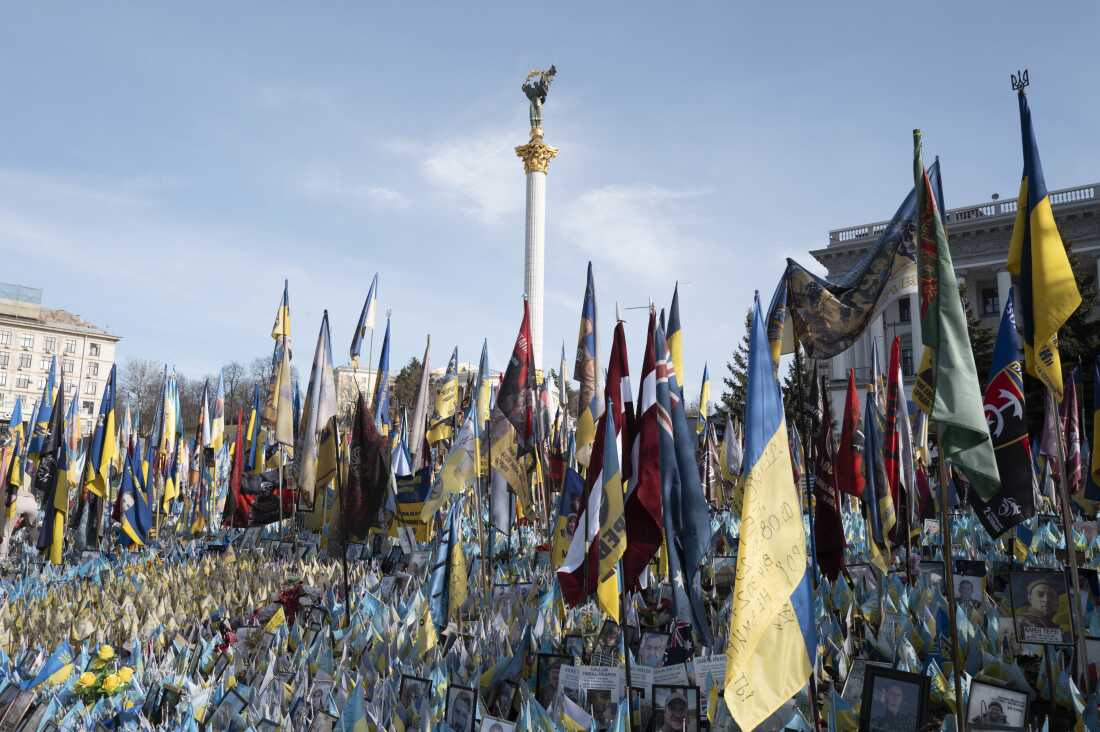 Thousands of flags were planted at the makeshift memorial to fallen soldiers on Maidan Square in Kiev Ukraine on March 06, 2025. Each flag is a tribute to someone who was killed by Russia's war in Ukraine.