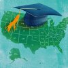 A map of the United States with a graduation cap.